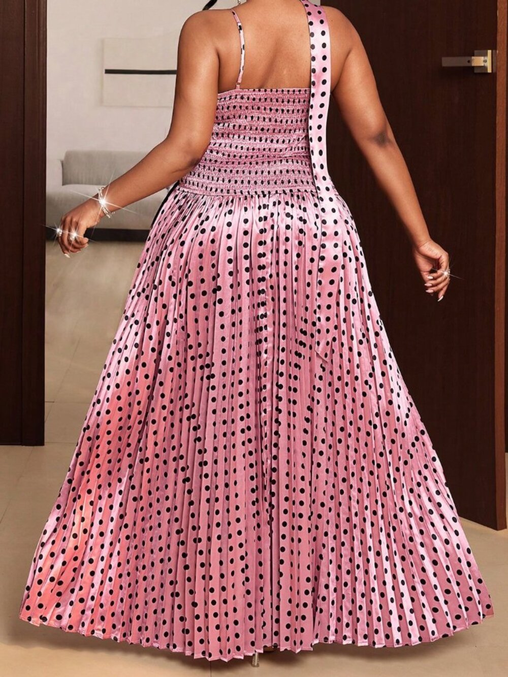 Pink Sexy Women's plus size Polka Dot Lace Patchwork V-Neck Elegant maxi Dress - Picture 3 of 7